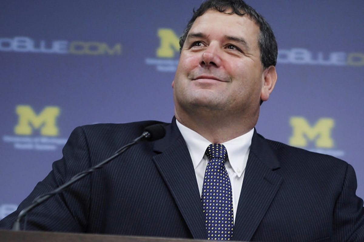 ANN ARBOR MI - JANUARY 12:  New University of Michigan head football coach Brady Hoke talks during his introductory press confrence at the Junge Family Champions Center on January 12 2011 in Ann Arbor Michigan.  (Photo by Gregory Shamus/Getty Images)