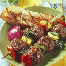 Meatball Veggie Kebabs use bell peppers and yellow squash and beef flavored with onions, garlic and thyme.