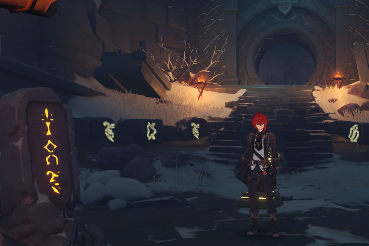 Diluc stands in a dark cave with some glowing lettering