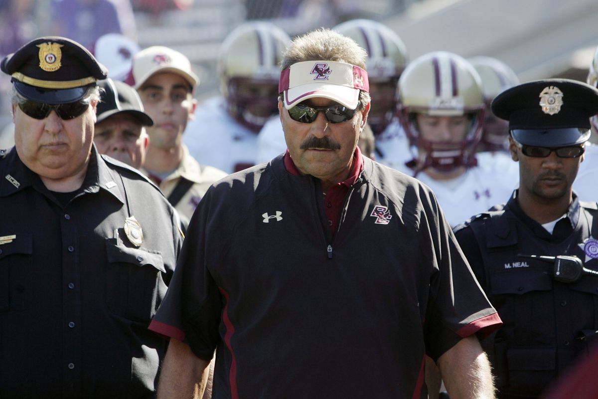 Sep 15, 2012; Evanston, IL, USA; Boston College Eagles head coach Frank Spaziani leads his team to the field before the game against the Northwestern Wildcats at Ryan Field.  Mandatory Credit: Jerry Lai-US PRESSWIRE