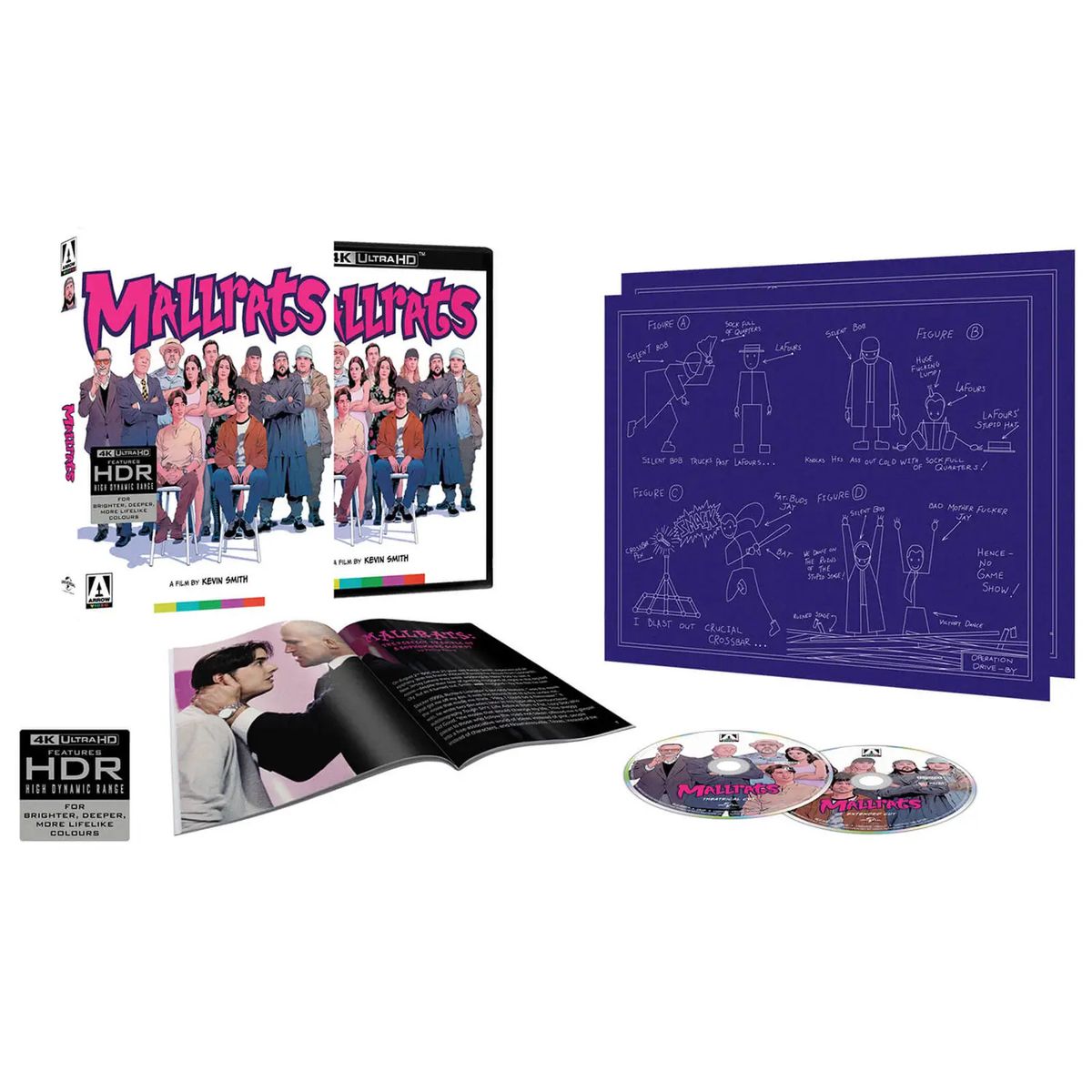 A special edition of Mallrats from Arrow video that includes multiple Blu-rays, a booklet, and a diagram of Jay and Silent Bob.