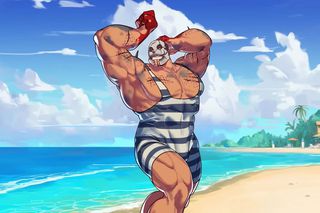 Hooked on You: A Dead by Daylight Dating SIM - Trapper, postavený maskovaný muž ve starém školním plavky a zastrašující maska, představuje na krásné pláži