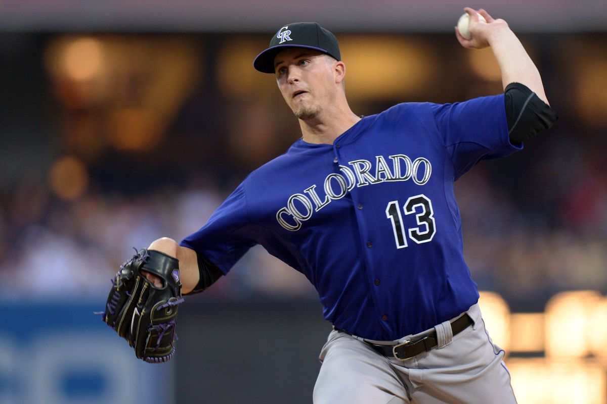 July 20, 2012; San Diego, CA, USA; Colorado Rockies starting pitcher Drew Pomeranz (13) pitches during the second inning against the San Diego Padres at PETCO Park. Mandatory Credit: Jake Roth-US PRESSWIRE