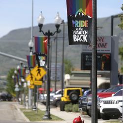 Pride flags hang in Heber City on Monday, June 10, 2019.