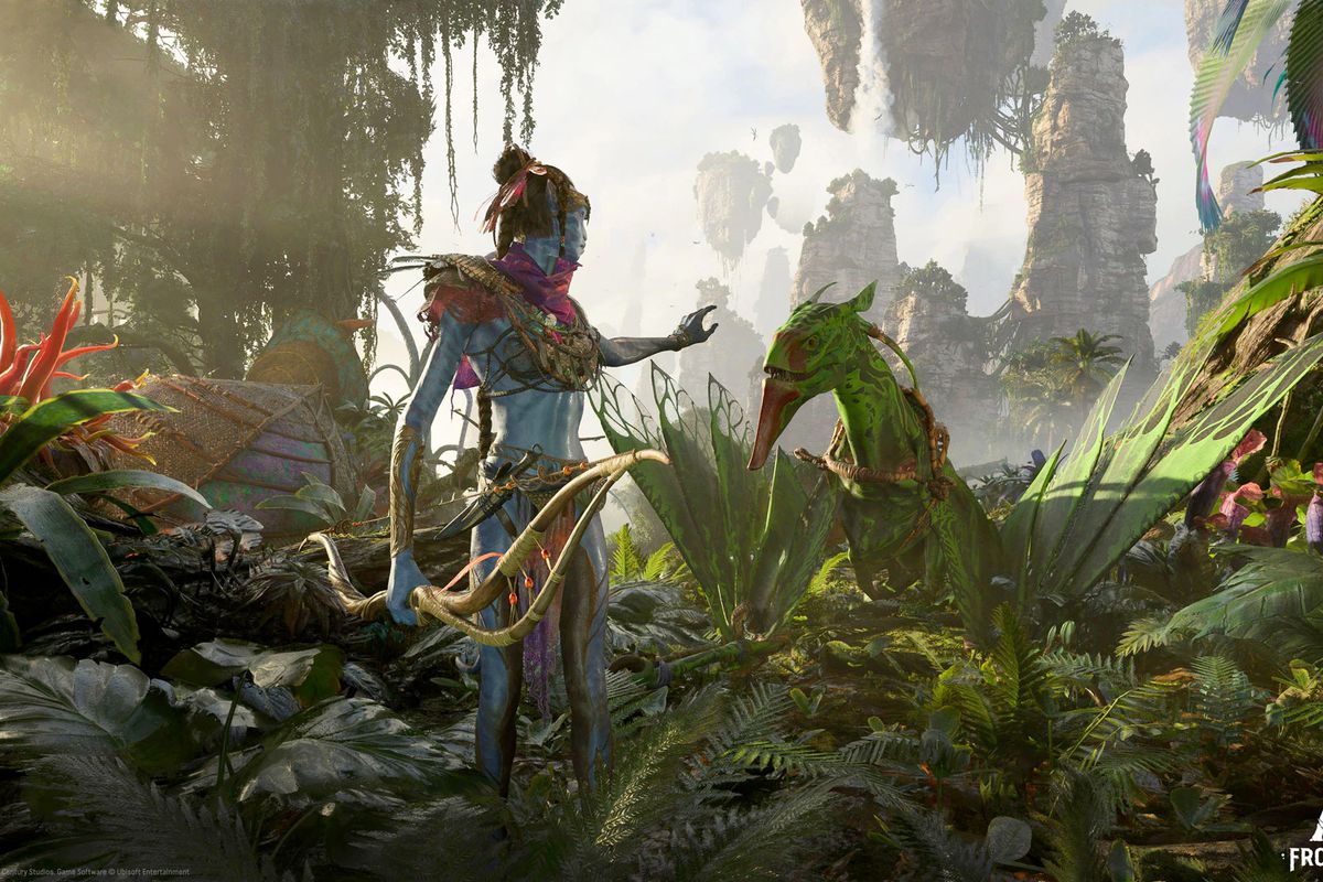 A Navi reaches toward a flying mount in a screenshot from Avatar: Frontiers of Pandora