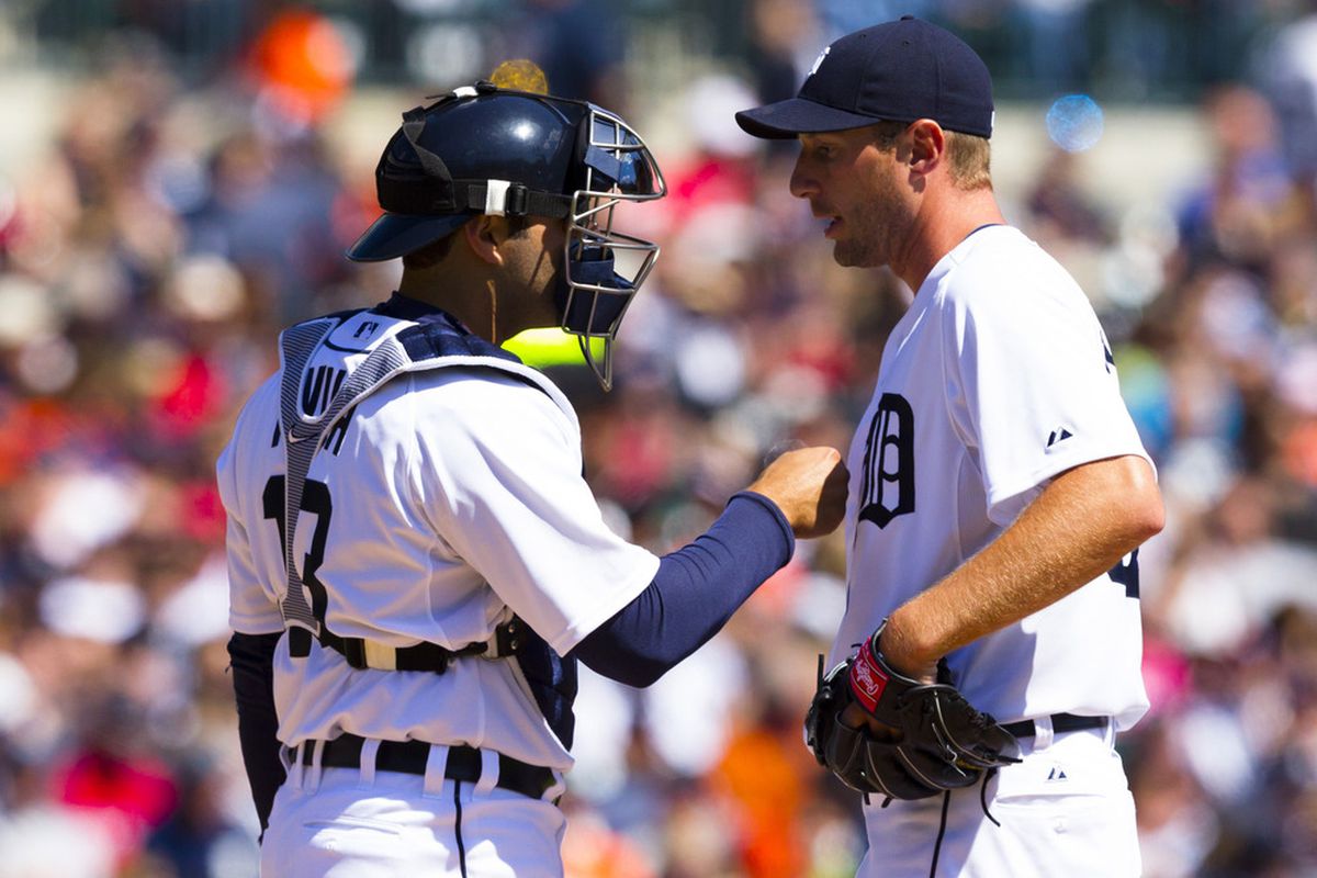 April 8, 2012; Detroit, MI, USA; Detroit Tigers catcher Alex Avila (left) talks to starting pitcher Max Scherzer (right) during the third inning against the Boston Red Sox at Comerica Park. Mandatory Credit: Rick Osentoski-US PRESSWIRE