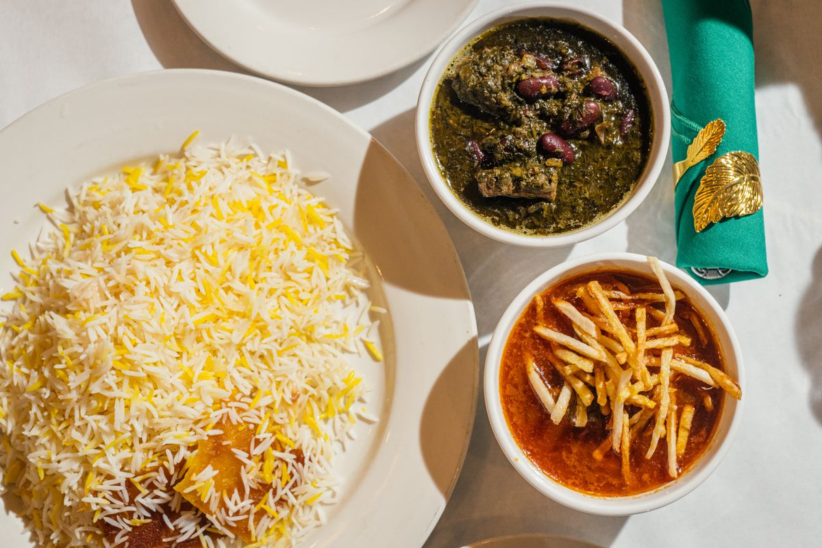 Gormeh sabzi and ghaymeh with basmati rice.