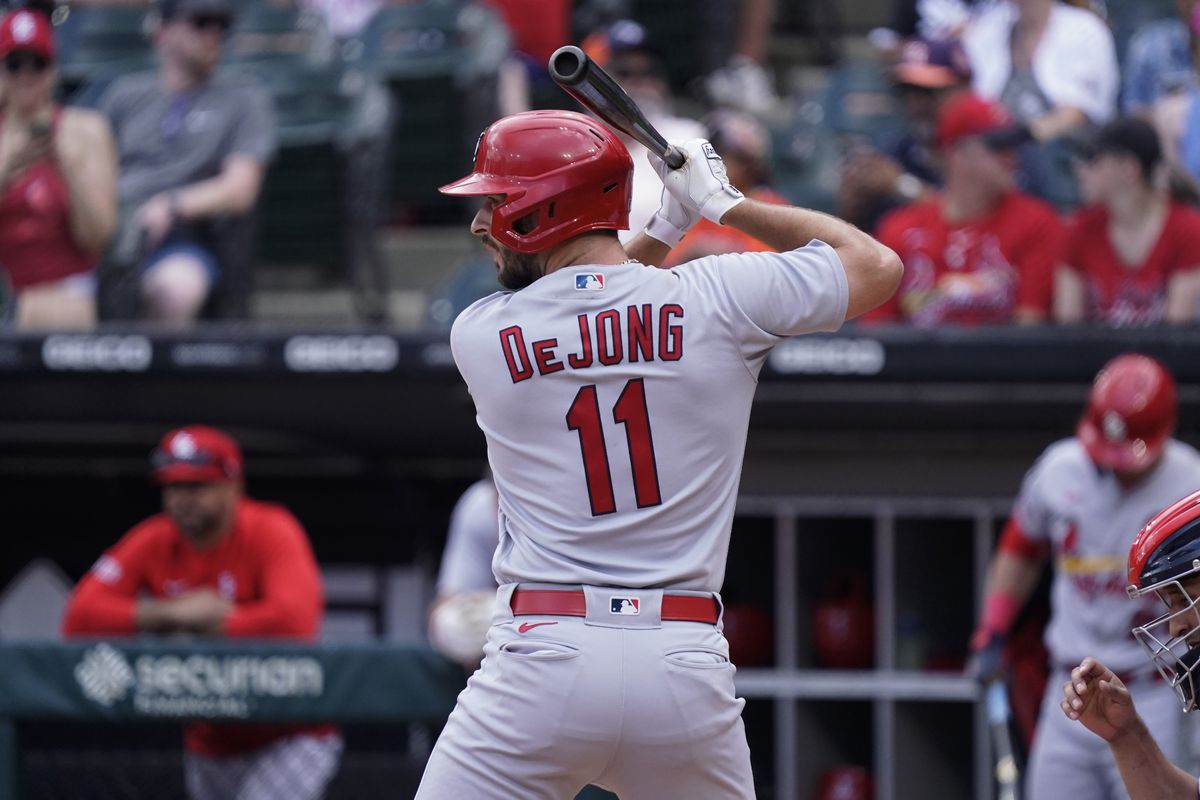Paul DeJong of the St. Louis Cardinals bats against the Chicago White Sox at Guaranteed Rate Field on July 09, 2023 in Chicago, Illinois.