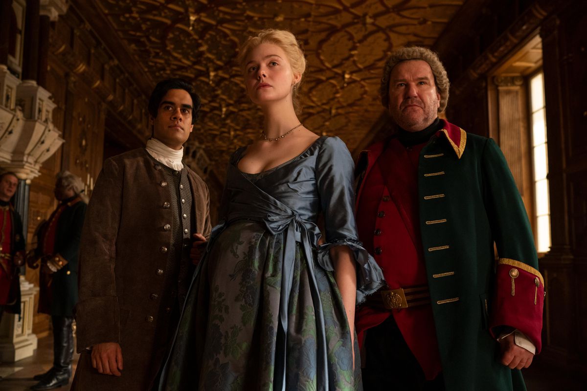 Empress Catherine and two of her advisors standing in a still from season 2 of The Great 