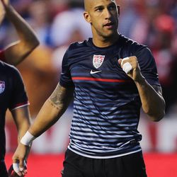 Tim Howard (1) of the U.S. pumps his fist after the United States and Honduras played Tuesday, June 18, 2013 at Rio Tinto Stadium. USA beat Honduras 1-0.