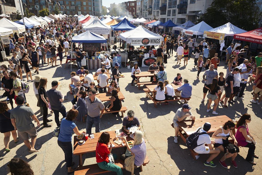 A crowd gathers and waits to order food at Smorgasburg in Downtown Los Angeles