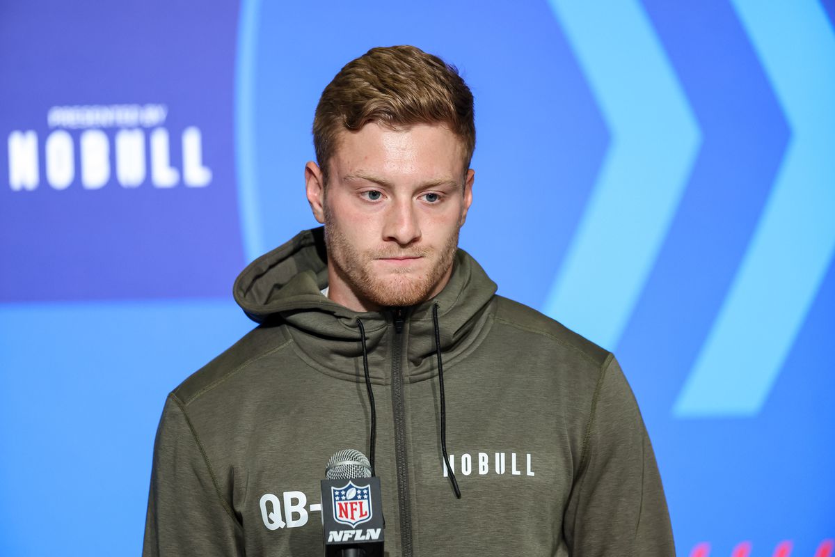 Quarterback Will Levis of Kentucky speaks to the media during the NFL Combine at Lucas Oil Stadium on March 3, 2023 in Indianapolis, Indiana.