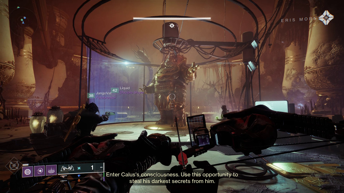 A Guardian looks at a statue of Calus in Destiny 2’s Duality dungeon