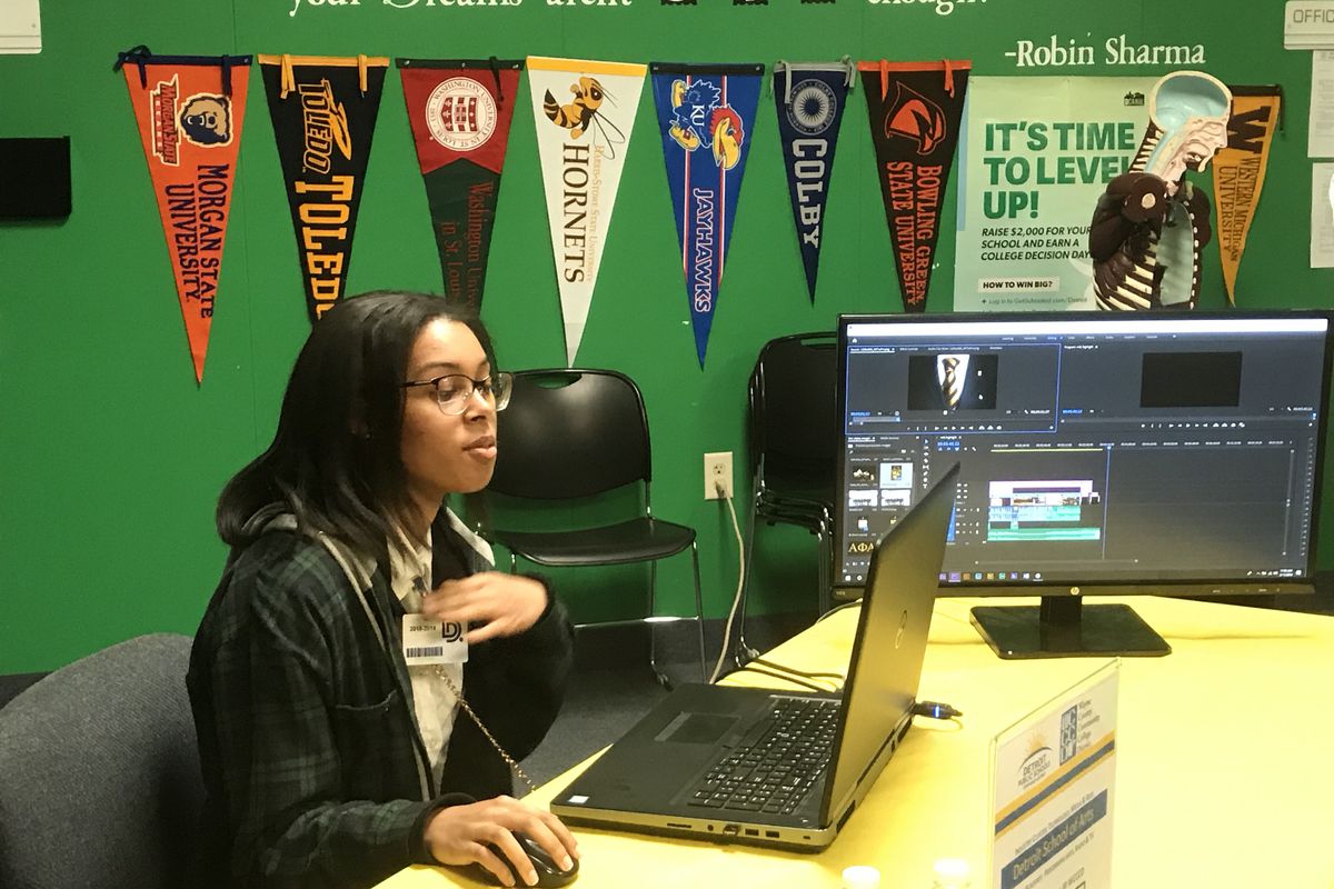 A student from Detroit School of Arts demonstrates using film editing software during a press conference about the Detroit district's efforts to increase career pathways and college dual enrollment courses.