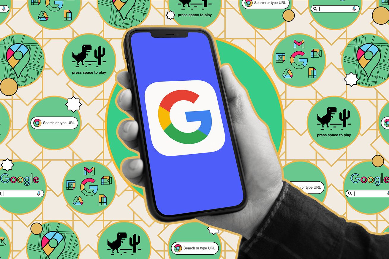 A person holding a mobile phone with the Google logo on it. The background is a mix of different Google services.