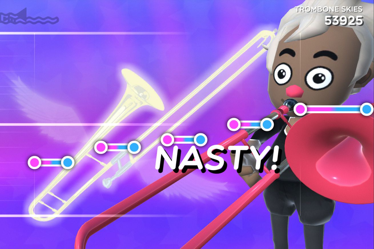 A screenshot from the game Trombone Champ.  The player missed a note, so there is a message on the screen that says, NASTY!