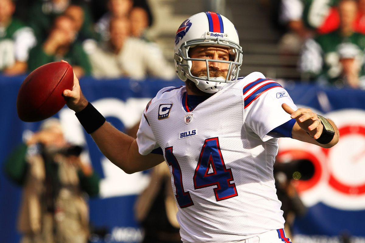EAST RUTHERFORD, NJ - NOVEMBER 27:   Ryan Fitzpatrick #14 of the Buffalo Bills passes against the New York Jets during their pre season game on November 27, 2011 at  MetLife Stadium in East Rutherford, New Jersey.  (Photo by Al Bello/Getty Images)