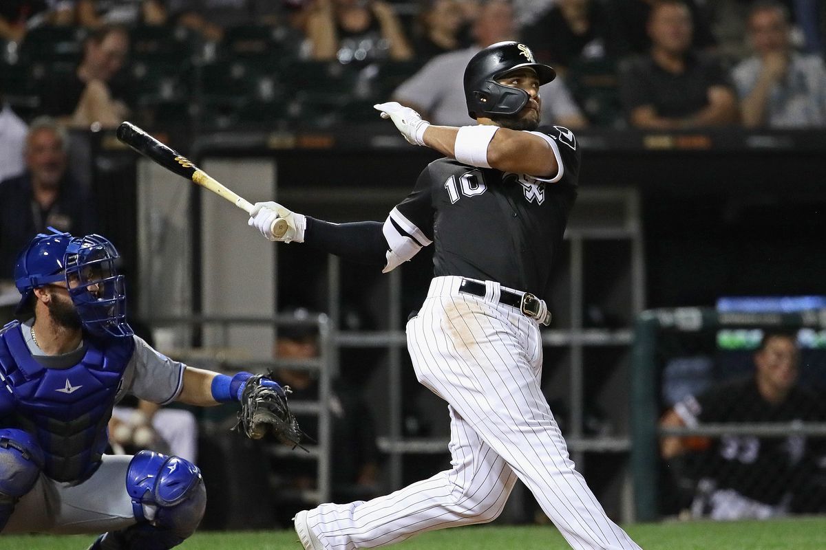 Yoan Moncada #10 of the Chicago White Sox hits a two run home run in the 7th inning against the Kansas City Royals at Guaranteed Rate Field on September 10, 2019 in Chicago, Illinois.
