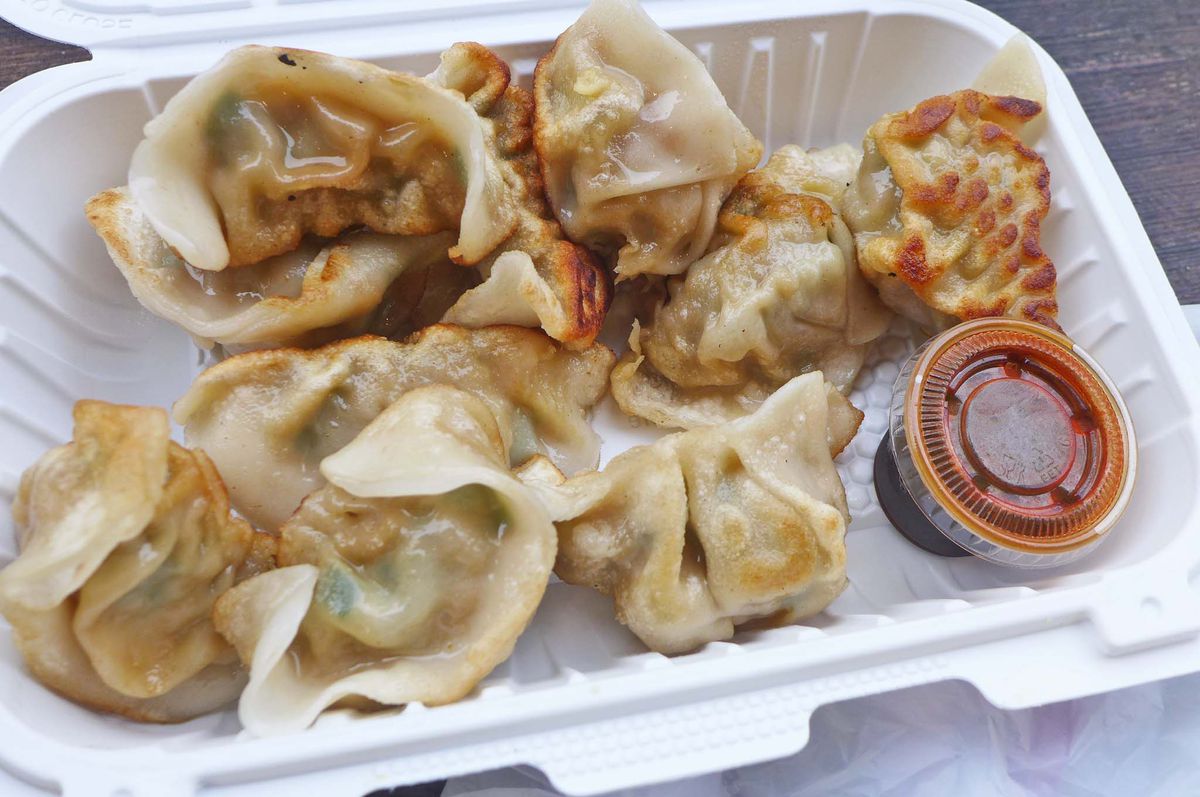 10 mangled dumplings with bumpy brown sides in a white plastic tray.