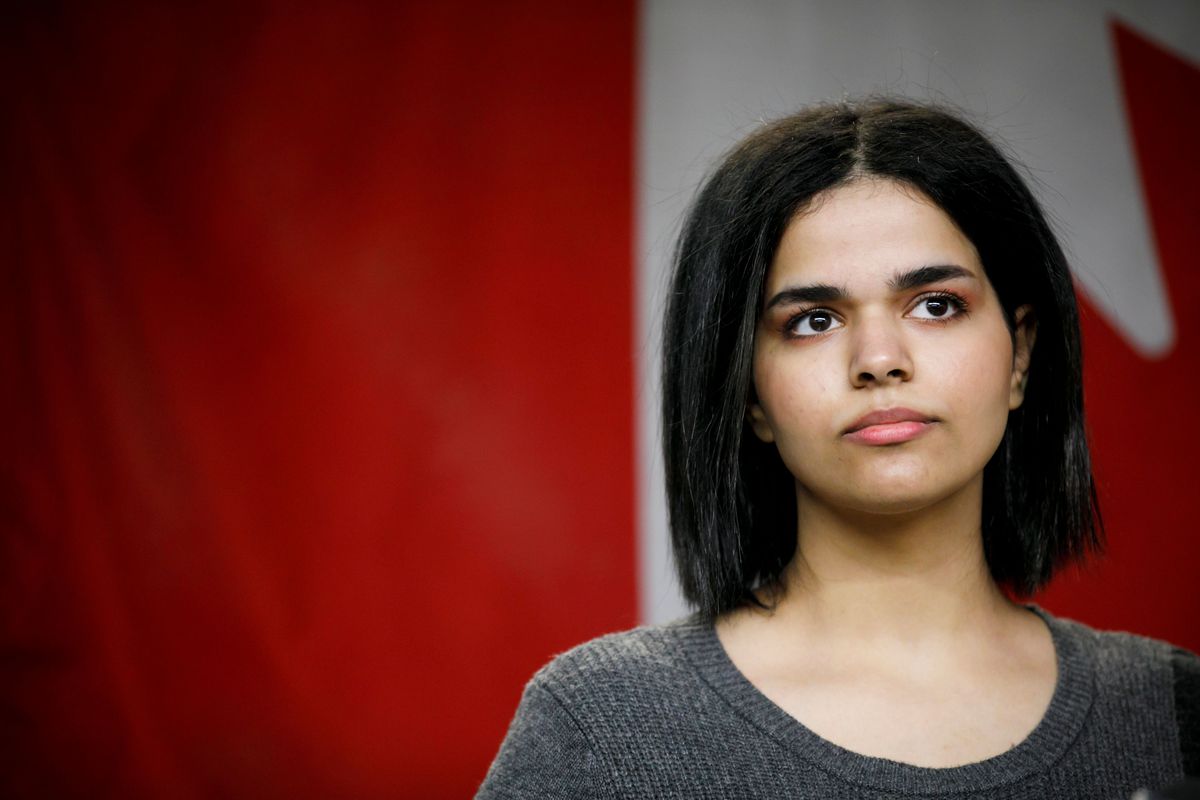 Rahaf Mohammed Alqunun, 18, pauses as she addresses the media during a press conference in Toronto, Canada, on January 15, 2019.