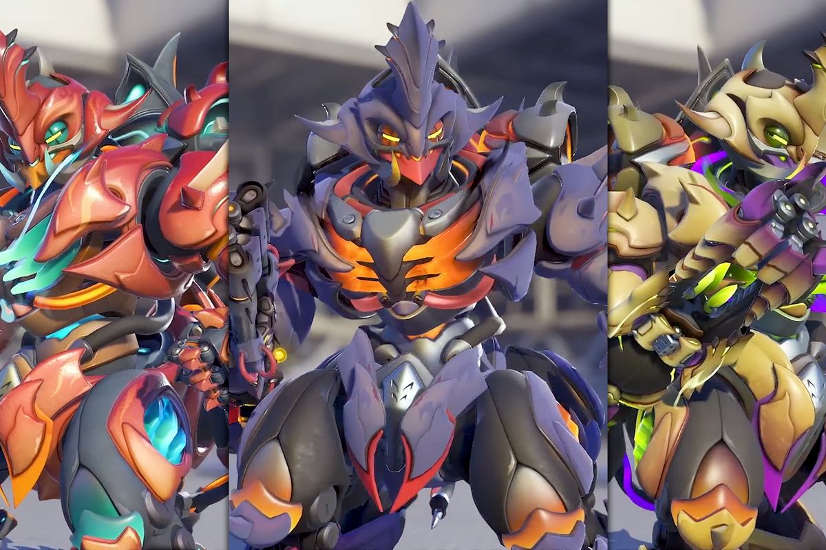 Three variations of Orisa’s new Grand Beast Mythic skin in Overwatch 2 at various angles