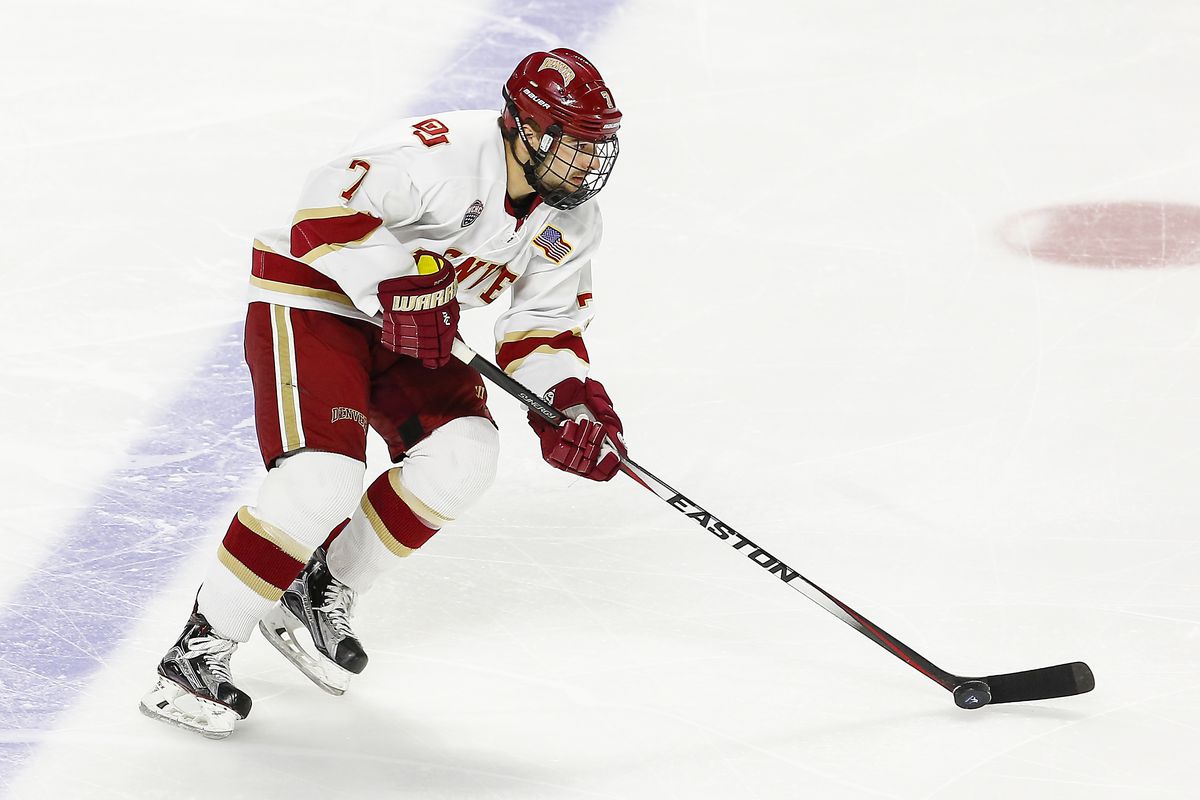 Will Butcher #7 of the Denver Pioneers had the game winning goal in a 5-2 win over Boston College. 
