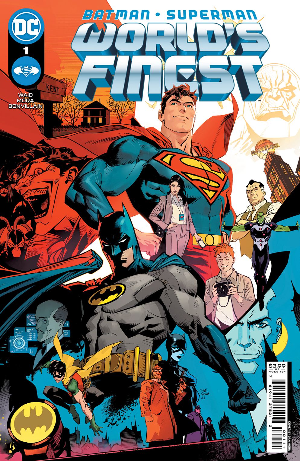 Superman and Batman in a collage of their various supporting characters on the cover of Batman/Superman: World’s Finest #1 (2022).
