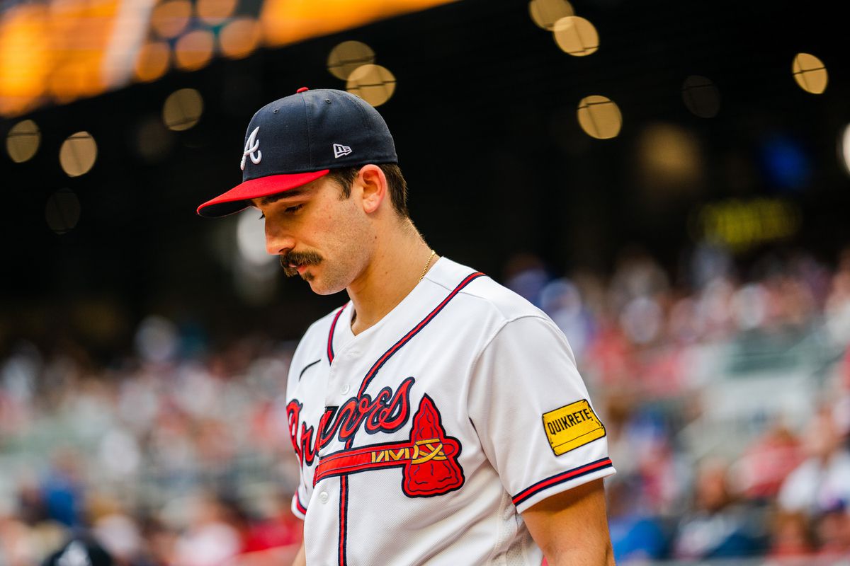 Spencer Strider of the Atlanta Braves walks to the mound during the first inning against the Los Angeles Dodgers at Truist Park on May 23, 2023 in Atlanta, Georgia.