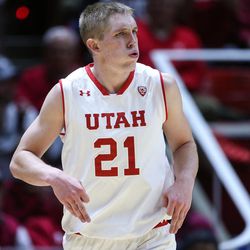Utah forward Tyler Rawson celebrates after hitting a 3-pointer during a game against Utah Valley at the Huntsman Center in Salt Lake City on Tuesday, Dec. 6, 2016.