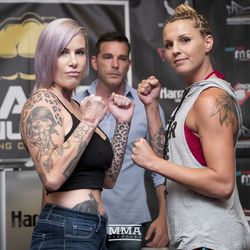 Bec Rawlings and Britain Hart face the media at the BKFC 2 pre-fight press conference at Harrah’s Gulf Coast in Biloxi, Mississippi.