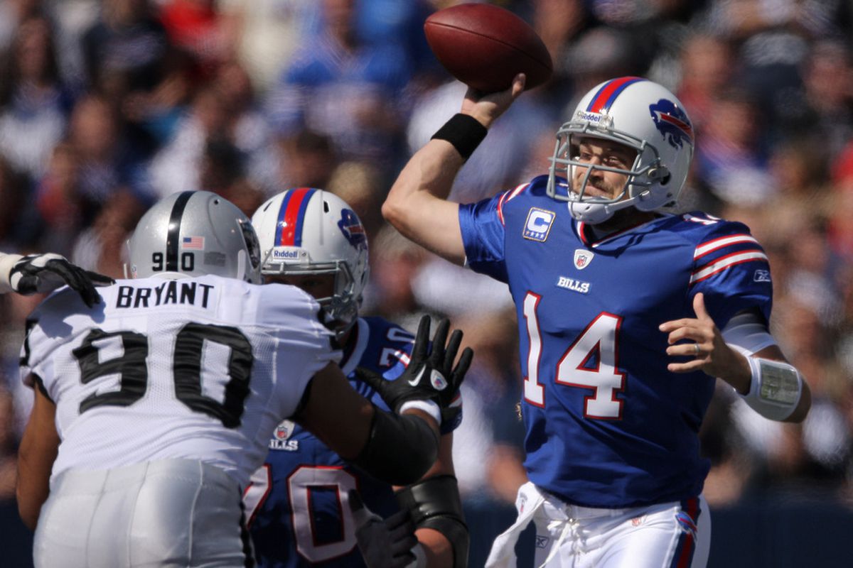 ORCHARD PARK, NY - SEPTEMBER 18: Ryan Fitzpatrick #14 of the Buffalo Bills throws a pass during an NFL game against the Oakland Raiders at Ralph Wilson Stadium on September 18, 2011 in Orchard Park, New York. (Photo by Tom Szczerbowski/Getty Images)