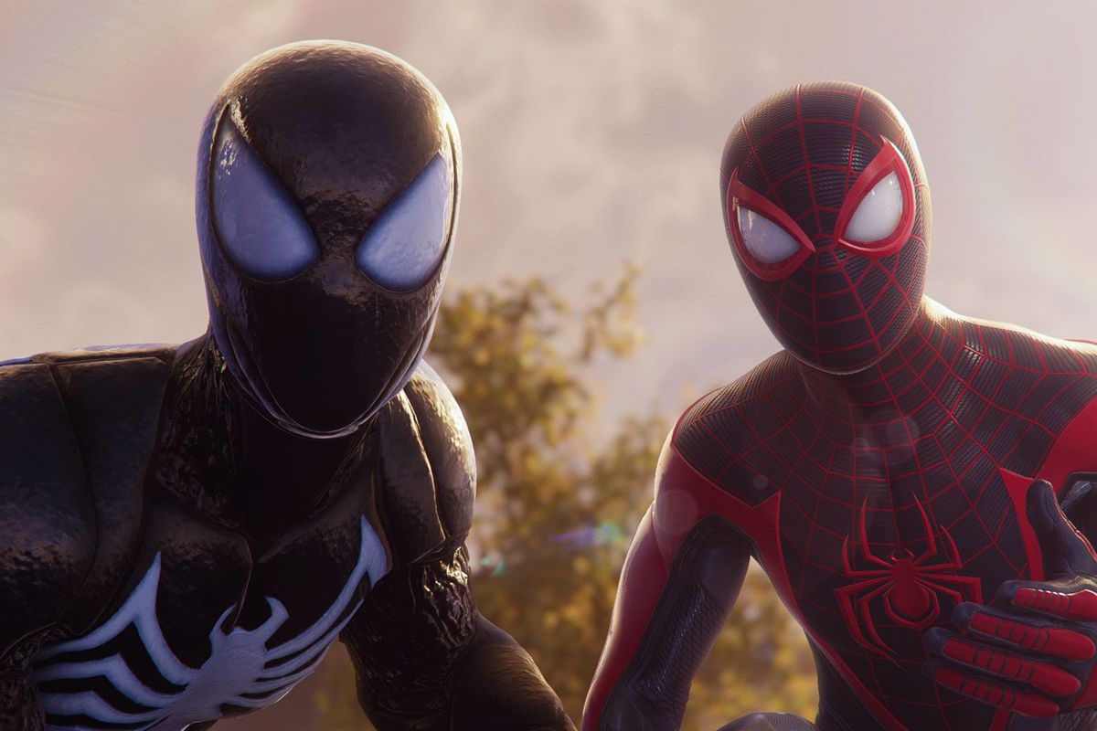 Peter Parker Spider-Man in Venom symbiote suit and Miles Morales spider-man in Spider-Man 2 gameplay trailer at PlayStation Showcase