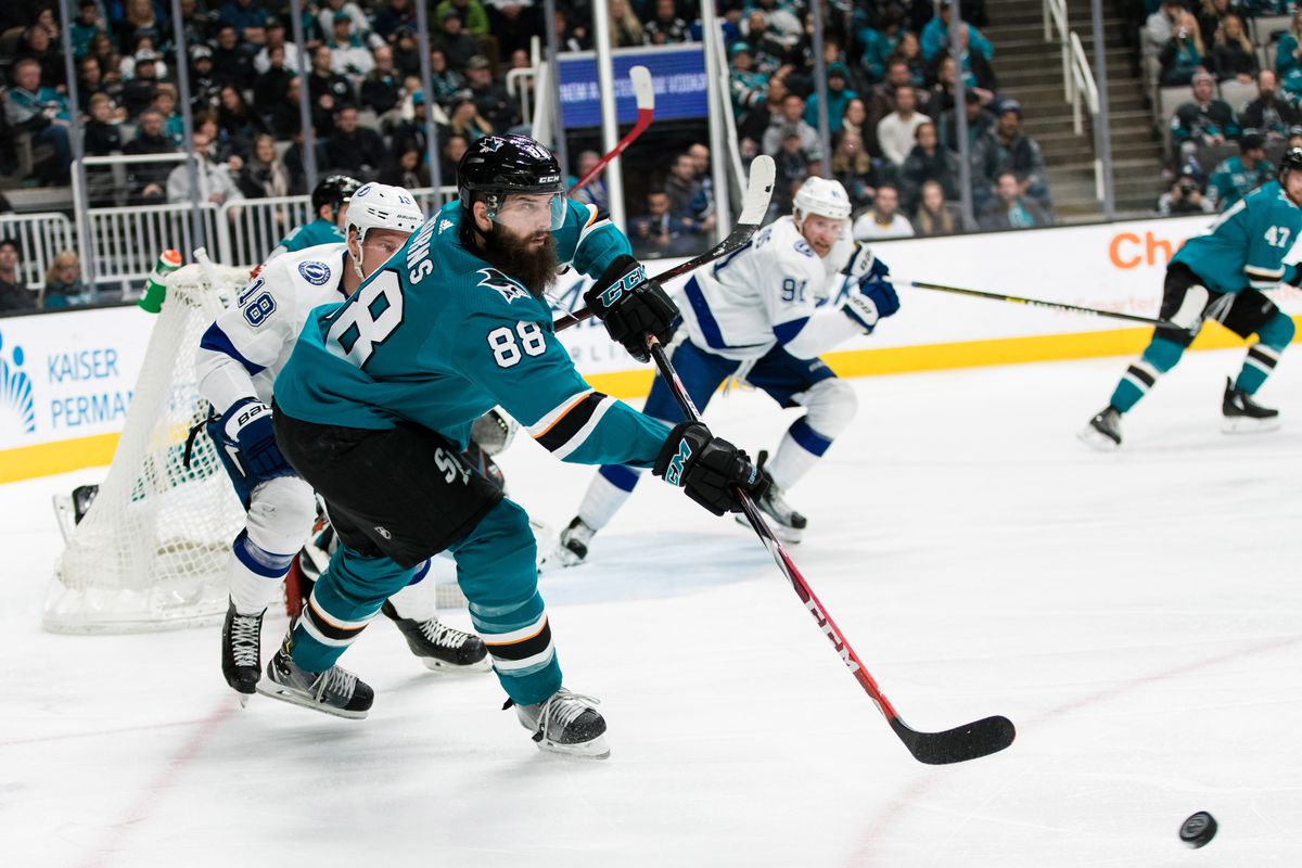 Jan 5, 2019 San Jose, CA, USA; San Jose Sharks defenseman Brent Burns (88) clears the puck against the Tampa Bay Lightning in the second period at SAP Center at San Jose.