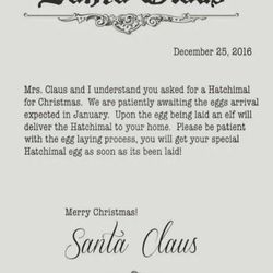 Looking for a Hatchimal for your little one for Christmas. Keep this letter from Santa handy just in case!