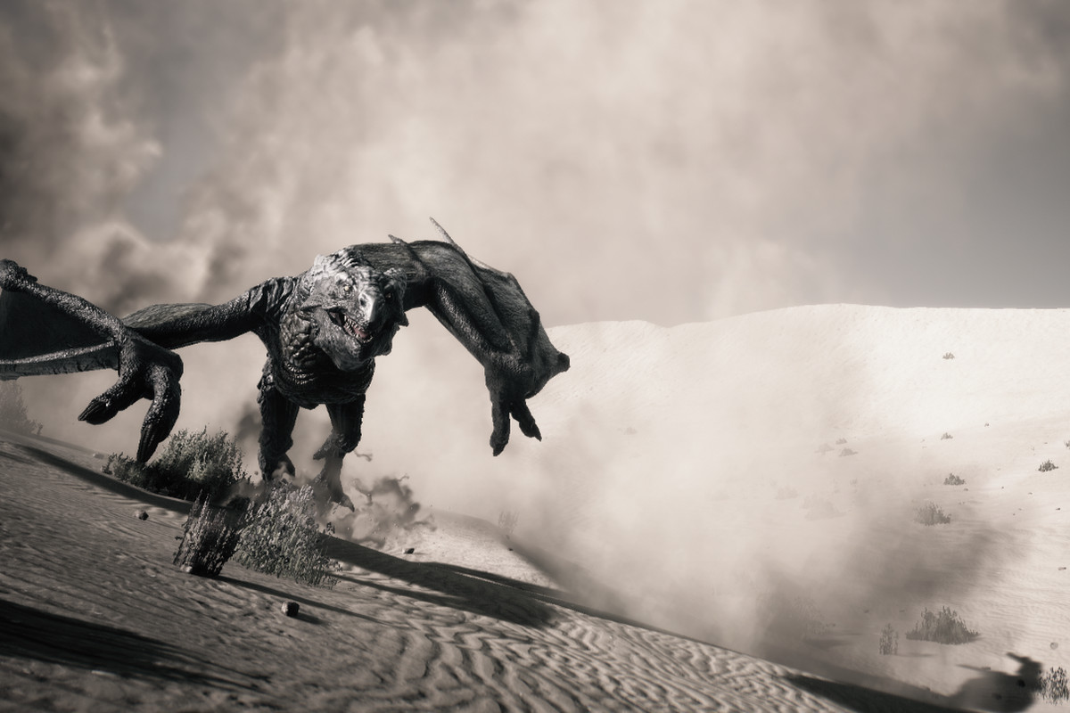 a sepia-toned image of a dragon running through desert sands 