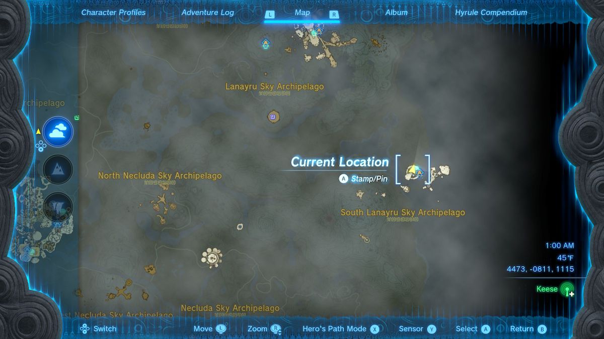 Screenshot of the map location of Valor Island in Zelda: Tears of the Kingdom