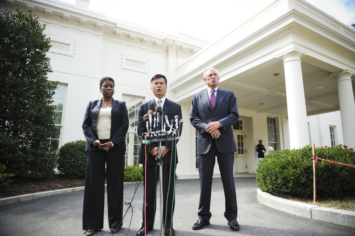 Commerce Secretary Gary Locke speaks to reporters, flanked by Jim McNerney (right), CEO of The Boeing Company, and Ursula Burns (left), CEO of Xerox Corporation after attending the President Obama’s Export Council meeting on September 16, 2010.