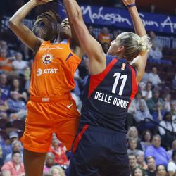 The Washington Mystics take on the Connecticut Sun in a WNBA game at Mohegan Sun Arena in Uncasville, CT on June 11, 2019.
