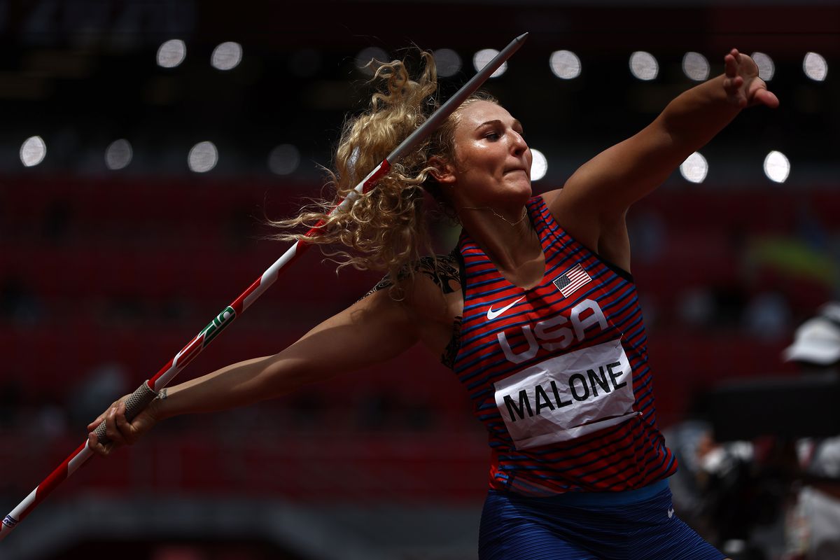 Maggie Malone of Team United States competes in the Women’s Javelin Throw Qualification on day eleven of the Tokyo 2020 Olympic Games at Olympic Stadium on August 03, 2021 in Tokyo, Japan