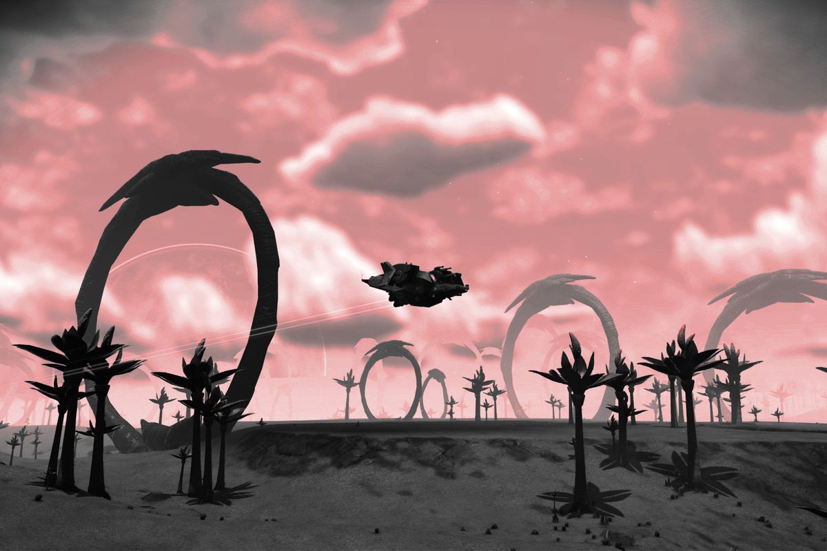 No Man’s Sky - A spaceship flies across the horizon of an eerie red skied planet with giant stone rings dotting the landscape.