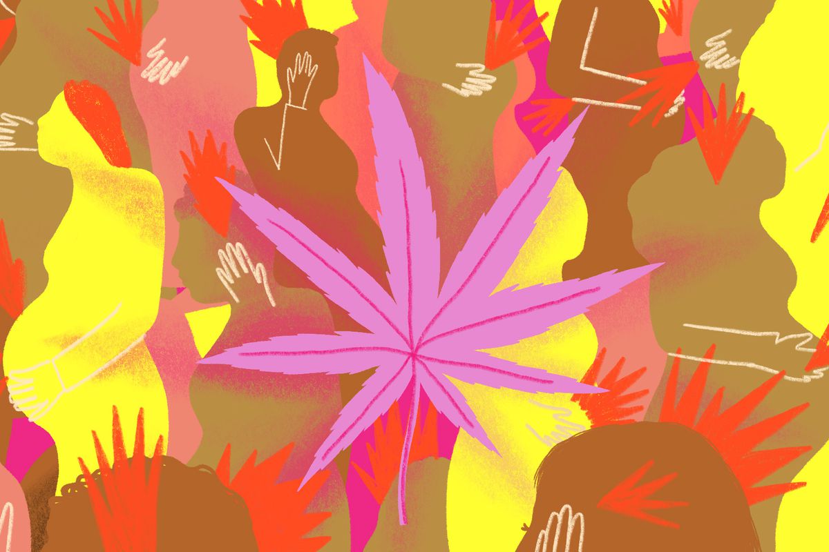 A large marijuana leaf floats in front of a scene of brightly-colored pregnant people. Sharp, red shapes show pain points in various areas on their bodies. The leaf casts a light shadow on each of the figures.