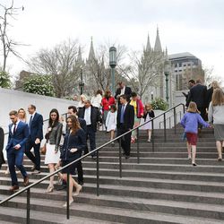 Conferencegoers make their way to the Conference Center in Salt Lake City prior to the morning session of the LDS Church’s 187th Annual General Conference on Sunday, April 2, 2017.