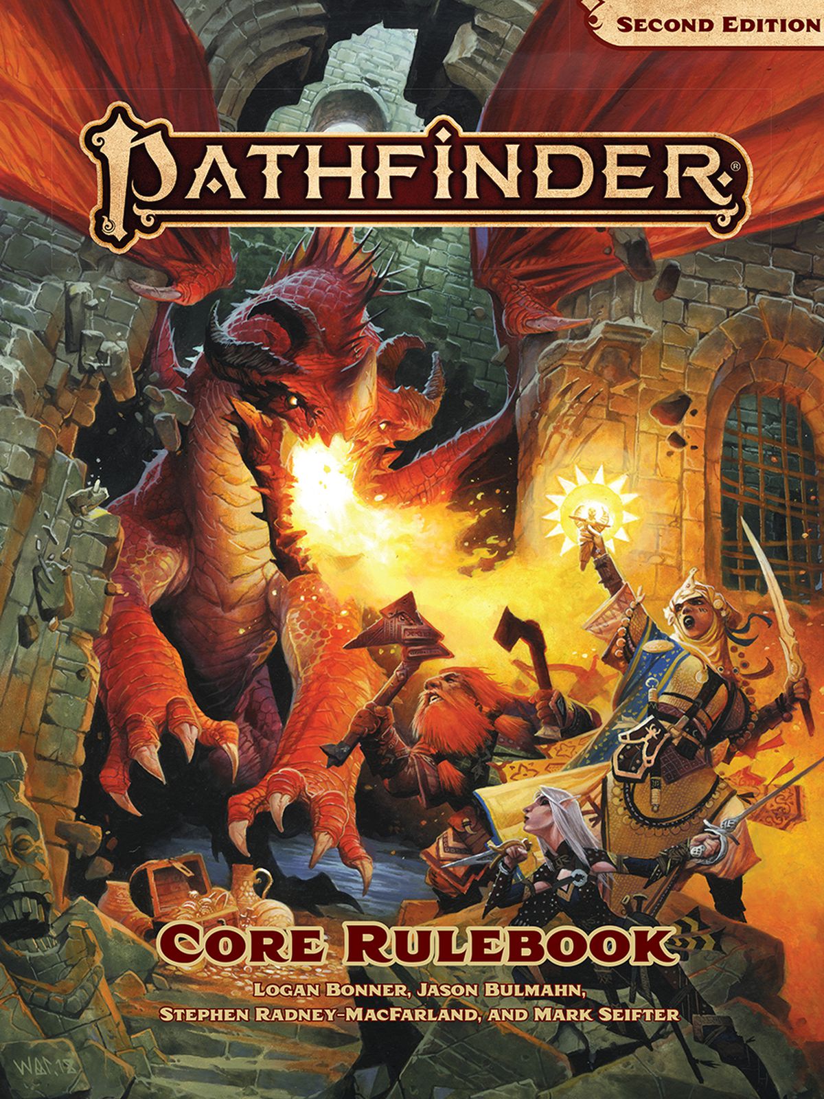 The cover of the new Pathfinder Core Rulebook shows heroes fighting against an ancient red dragon, which is bursting through the side of a decrepit castle. Flames fill the frame, while a female cleric with an exotic sword casts a spell through a holy reli