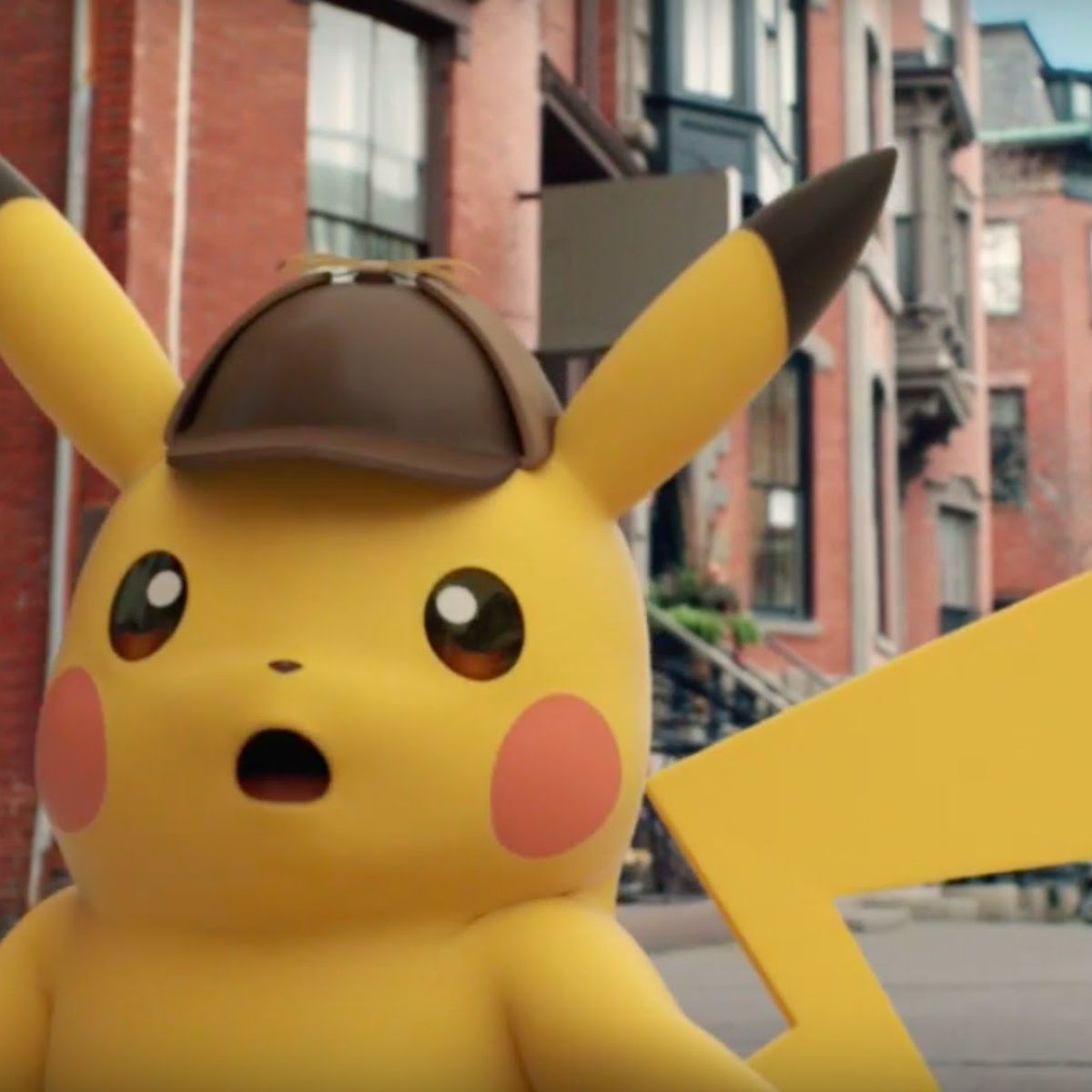 Detective Pikachu has a surprised expression on his face.