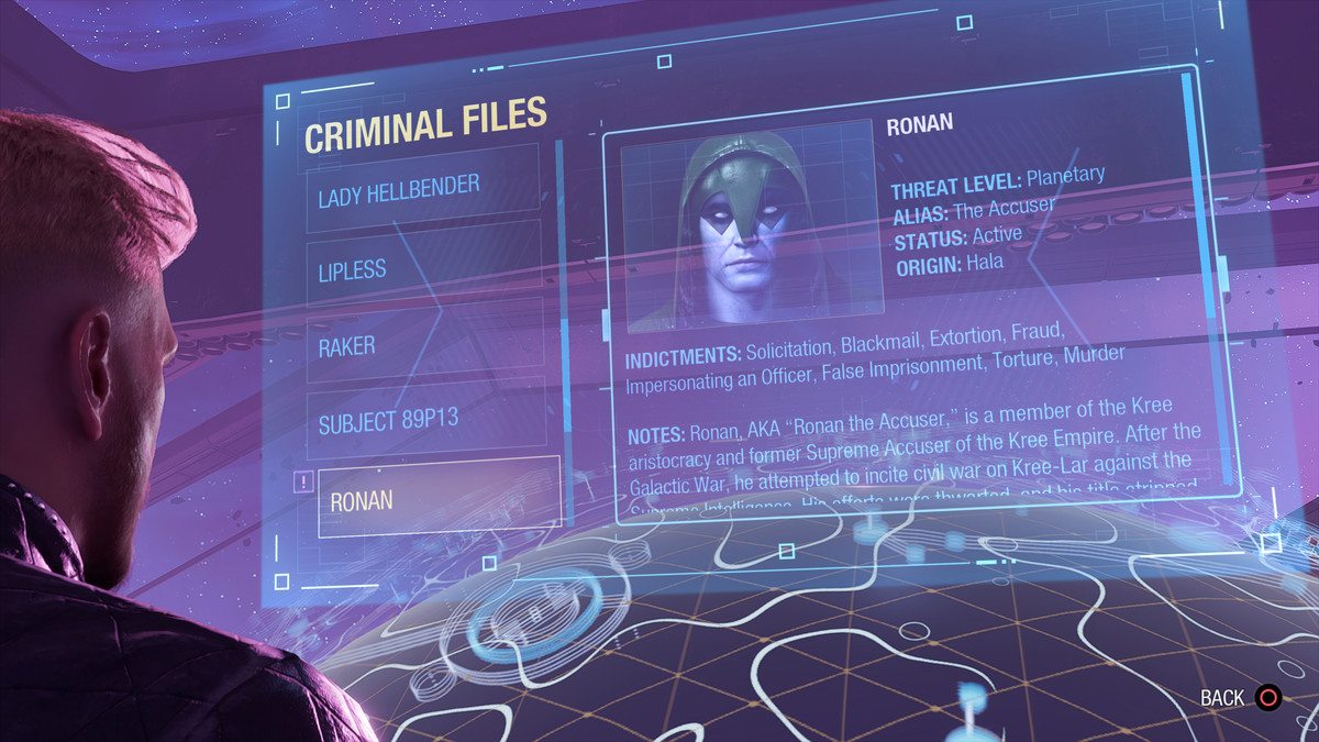 The criminal file for Ronan the Accuser in Marvel’s Guardians of the Galaxy