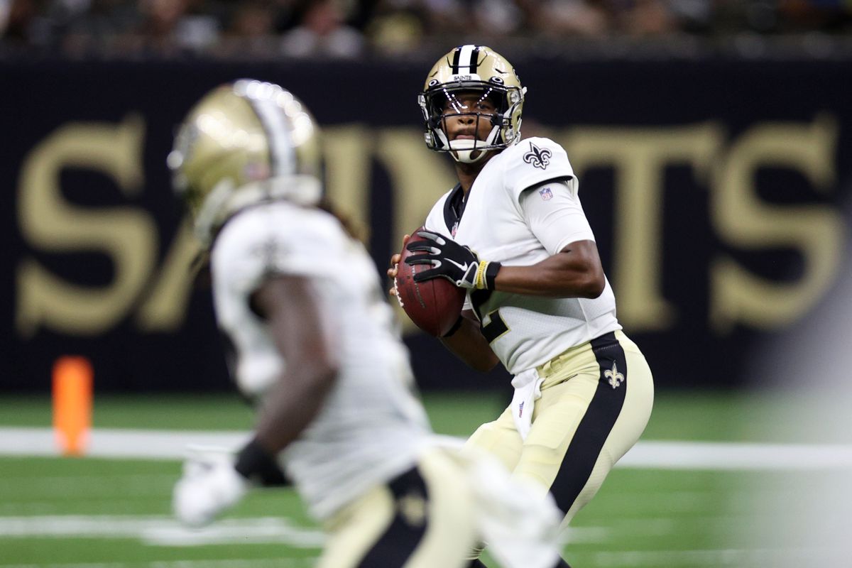 Jameis Winston #2 of the New Orleans Saints looks to throw a pass against the Jacksonville Jaguars at Caesars Superdome on August 23, 2021 in New Orleans, Louisiana.
