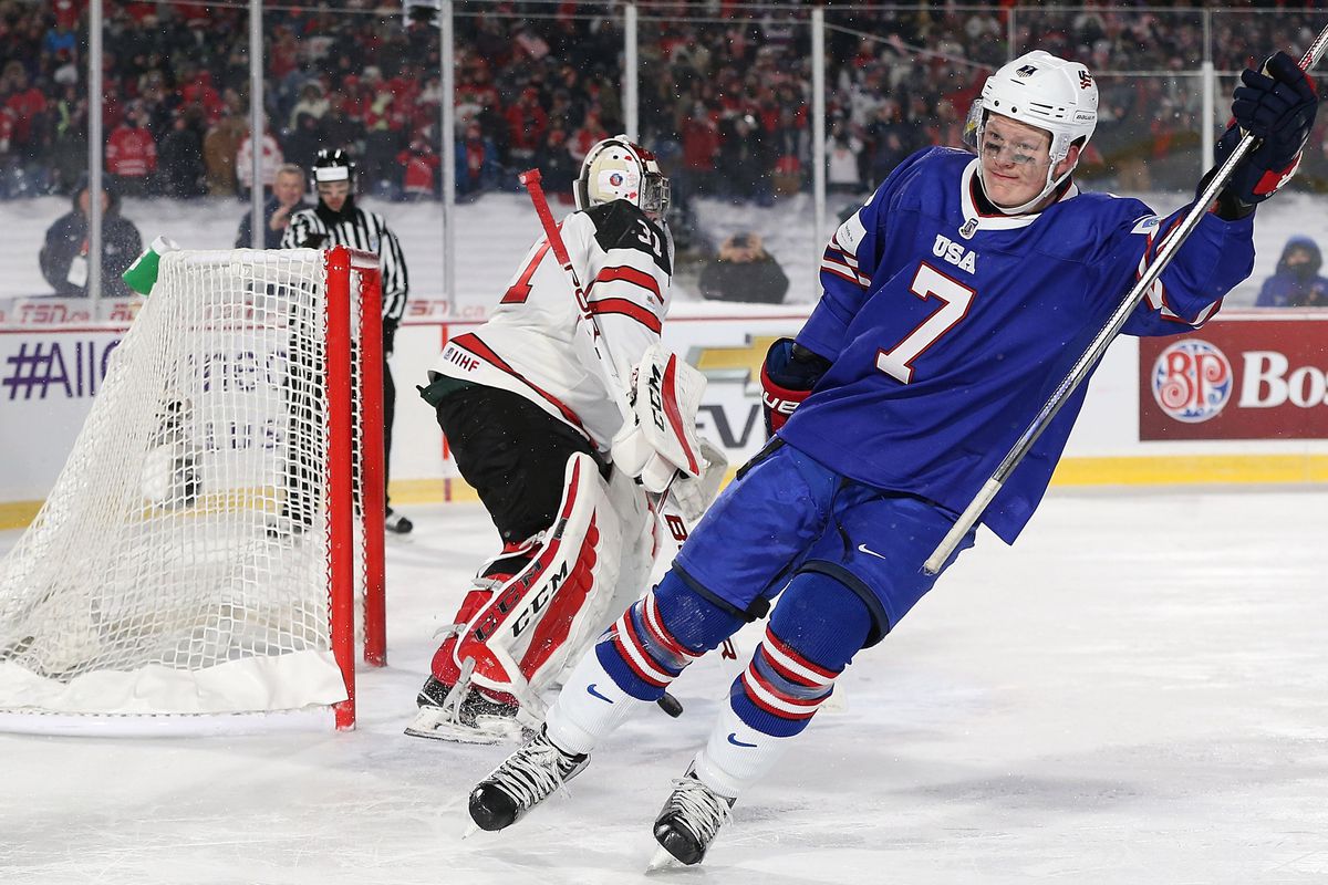 Brady Tkachuk #7 of United States scores a goal against Carter Hart #31 of Canada in the shootout against Canada during the IIHF World Junior Championship at New Era Field on December 29, 2017 in Buffalo, New York. The United States beat Canada 4-3.