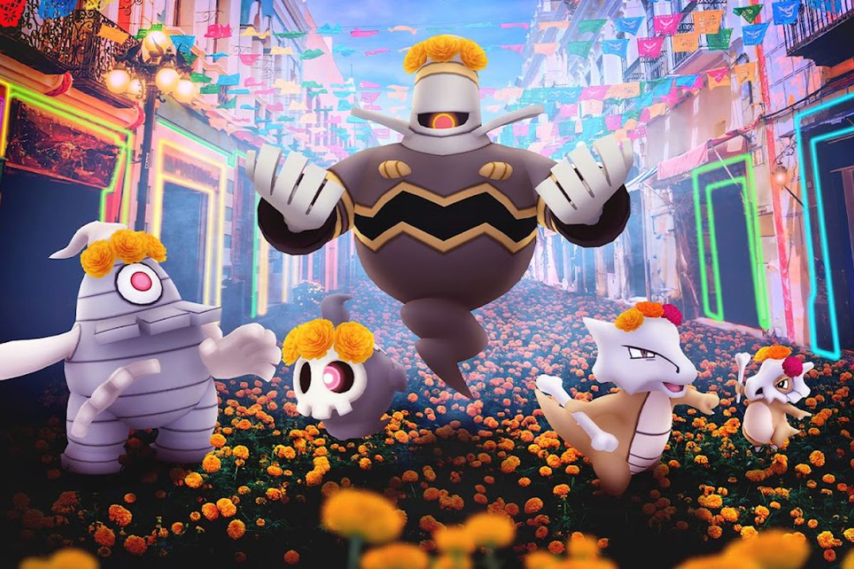 The Duskull and Cubone family wearing special flower crowns for Pokémon Go’s Dia de Muertos event.