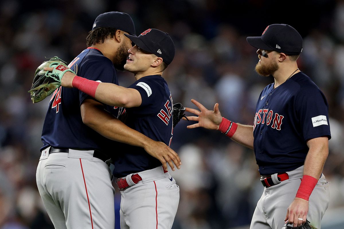 Kenley Jansen, Enrique Hernandez and Christian Arroyo of the Boston Red Sox celebrate the win over the New York Yankees at Yankee Stadium on June 9, 2023 in Bronx borough of New York City. The Boston Red Sox defeated the New York Yankees 3-2.