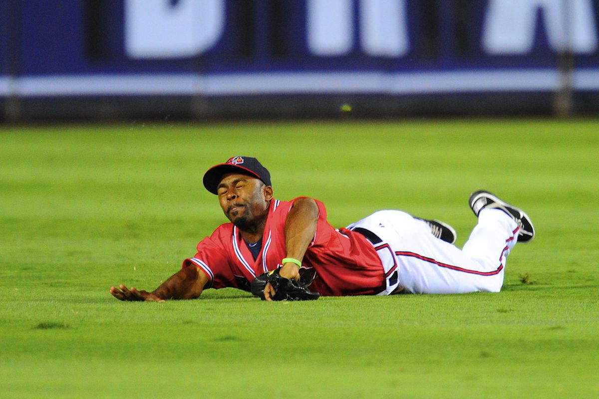 Michael Bourn was one of several Braves who flashed the leather tonight to deny Orioles hits at key moments. Mandatory Credit: Dale Zanine-US PRESSWIRE